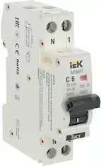Автоматический выключатель дифференциального тока IEK B06S 1P+NP C6 30мА AR-B06S-1N-C06A030