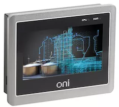 Графическая сенсорная панель ETG оператора серии ONI. Экран 4.3” TFT LCD. Цветопередача 24 бит. Разрешение экрана 480x272. Яркость 420 cd/m2. Время работы дисплея 50 000 часов. ЦПУ 600MHz ARM Cortex-A8. Память 128M ПЗУ ＋128M DDR3 ОЗУ. RTC. COM1: RS232/RS4