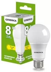 Лампа светодиодная GENERICA A60 8Вт 230В 3000К E27 LL-A60-08-230-30-E27-G 