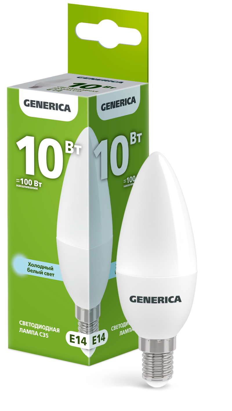 Лампа светодиодная C35 свеча 10Вт 230В 6500К E14 GENERICA LL-C35-10-230-65-E14-G