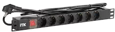 Блок розеток 7 розеток ITK PDU DIN49440 нем. cтанд. с LED выключателем 1U вилка DIN49441 нем. станд. профиль из ПВХ PH12-7D1-P 
