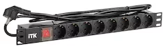 Блок розеток 8 розеток ITK PDU DIN49440 нем. cтанд. с LED выключателем 1U вилка DIN49441 нем. станд. профиль из ПВХ PH12-8D1-P 