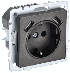 Розетка 1-местная с заземлением с защитными шторками IEK 16А с USB A+A 5В 2,1А РЮш10-1-БрТБ BR-R14-16-U21-D21-K45
