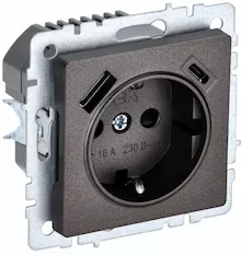 Розетка 1-местная с заземлением с защитными шторками IEK 16А с USB A+C 18Вт РЮш11-1-БрТБ