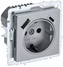 Розетка 1-местная с заземлением с защитными шторками IEK 16А с USB A+C 18Вт РЮш11-1-БрА