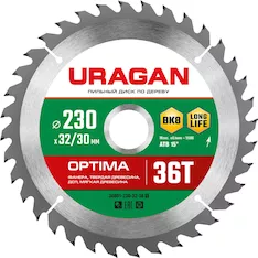 URAGAN Optima, 230 х 32/30 мм, 36Т, пильный диск по дереву (36801-230-32-36)