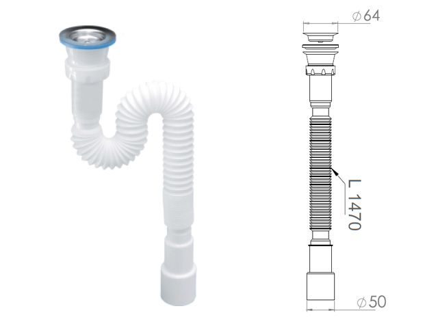 Сифон 1 1/2"х40/50 гофрированный (удлинённый), выпуск 64мм, AV Engineering