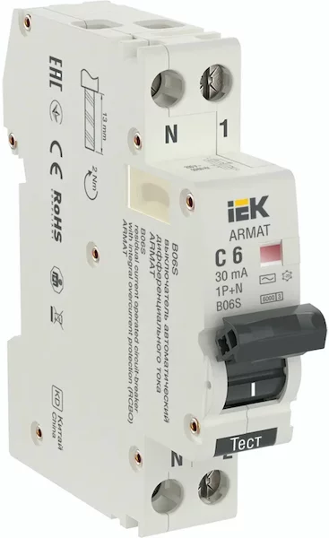 Автоматический выключатель дифференциального тока IEK B06S 1P+NP C6 30мА AR-B06S-1N-C06C030