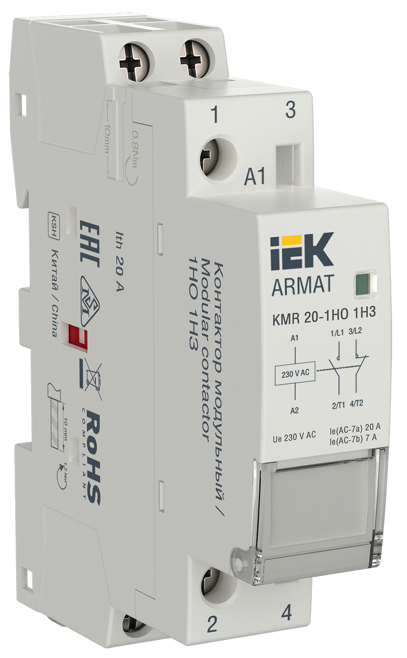 Контактор модульный IEK ARMAT KMR 20А 230В AC 1НО 1НЗ AR-KMR10-020-11-230 