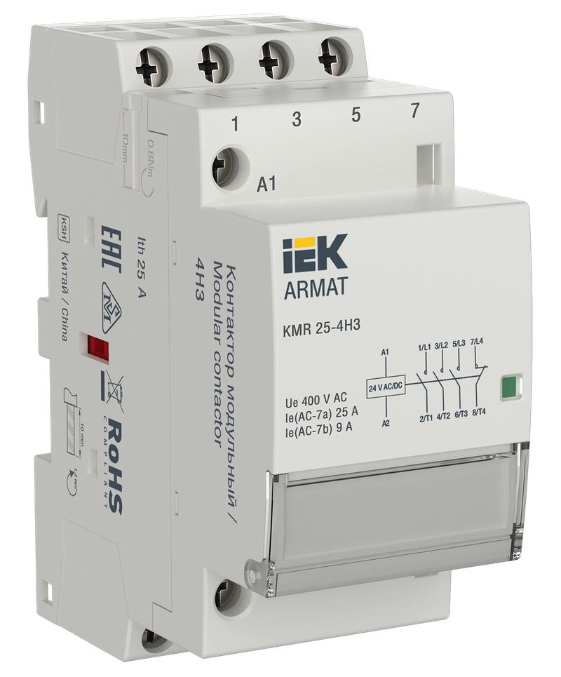 Контактор модульный IEK ARMAT KMR 25А 24В AC/DC 4НЗ AR-KMR20-025-04-024 