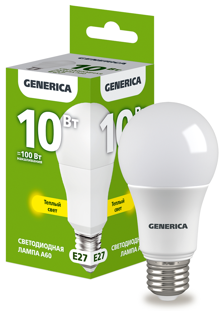 Лампа светодиодная GENERICA A60 10Вт 230В 3000К E27 LL-A60-10-230-30-E27-G 