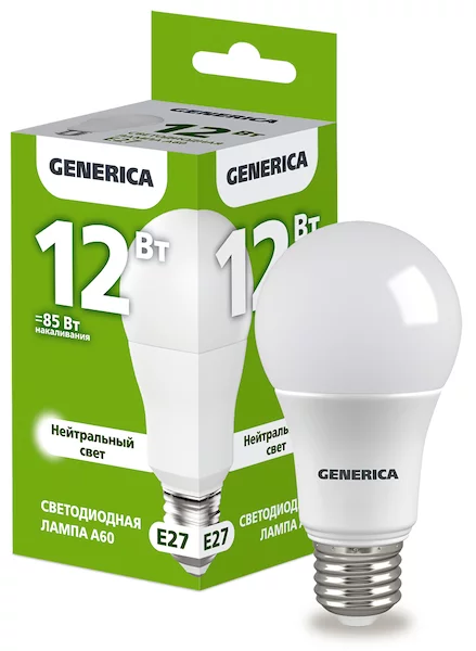 Лампа светодиодная GENERICA A60 12Вт 230В 4000К E27 LL-A60-12-230-40-E27-G 