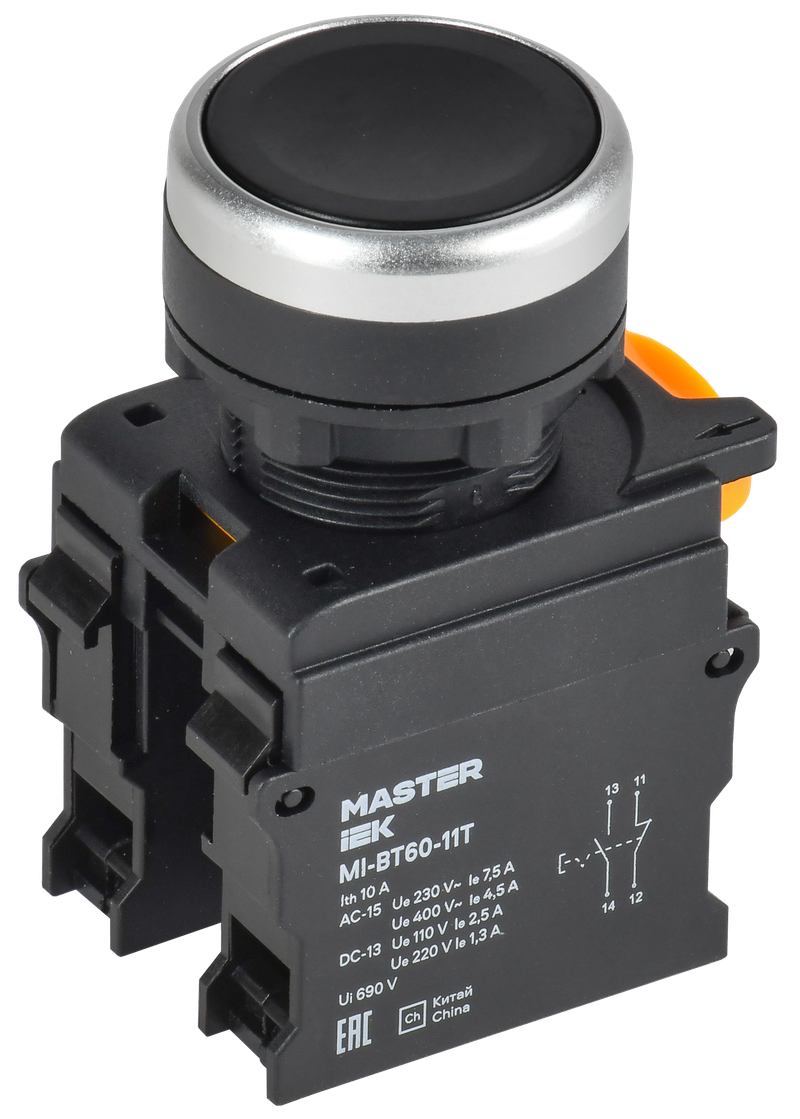 Кнопка с фиксацией d=22мм 1NO1NC чёрная MASTER IEK MI-BT60-11T-3-21-K02