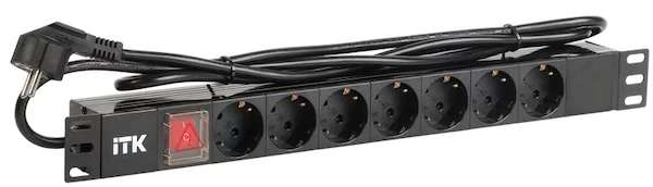 Блок розеток 7 розеток ITK PDU DIN49440 нем. cтанд. с LED выключателем 1U вилка DIN49441 нем. станд. профиль из ПВХ PH12-7D1-P 