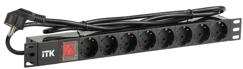 Блок розеток 8 розеток ITK PDU DIN49440 нем. cтанд. с LED выключателем 1U вилка DIN49441 нем. станд. профиль из ПВХ PH12-8D1-P 