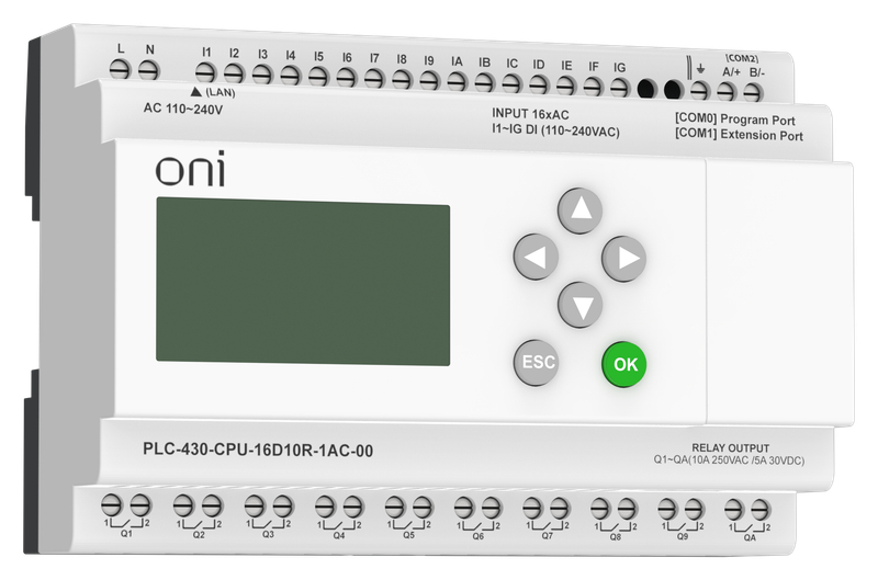 ПЛК 430 Модуль ЦПУ 16 DI 10 RO 220В AC с Ethernet портом с экраном ONI PLC-430-CPU-16D10R-1AC-00