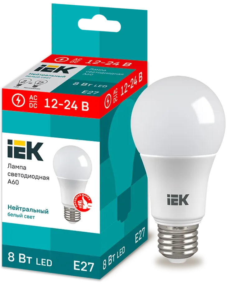 Лампа груша IEK LED A60 8Вт 12-24В 4000К E27