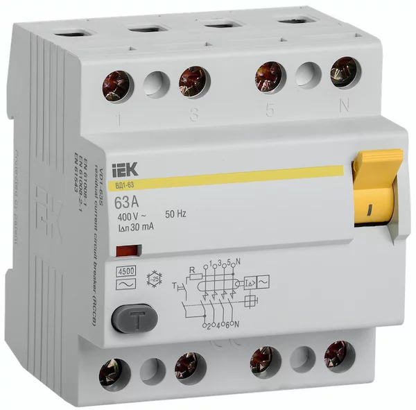 Выключатель дифференциальный IEK ВД1-63 4Р 63А 30мА MDV10-4-063-030