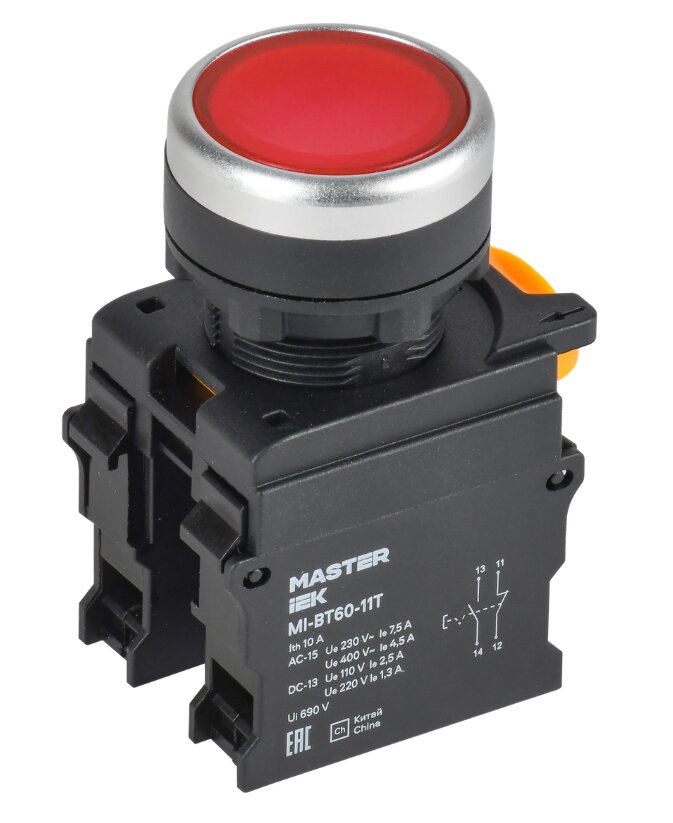 Кнопка с фиксацией d=22мм 1NO+1NC красная MASTER IEK MI-BT60-11T-3-21-K04