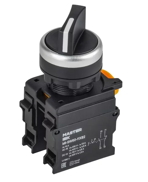 Переключатель длин. ручка 2 полож. 1NO+1NC чёрный MASTER IEK MI-SW60-11XB2-3-25-2-K02