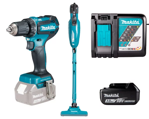 Аккумуляторная дрель-шуруповёрт и пылесос с комплектом питания Makita DDF485Z-DCL284FZ-191A25-2