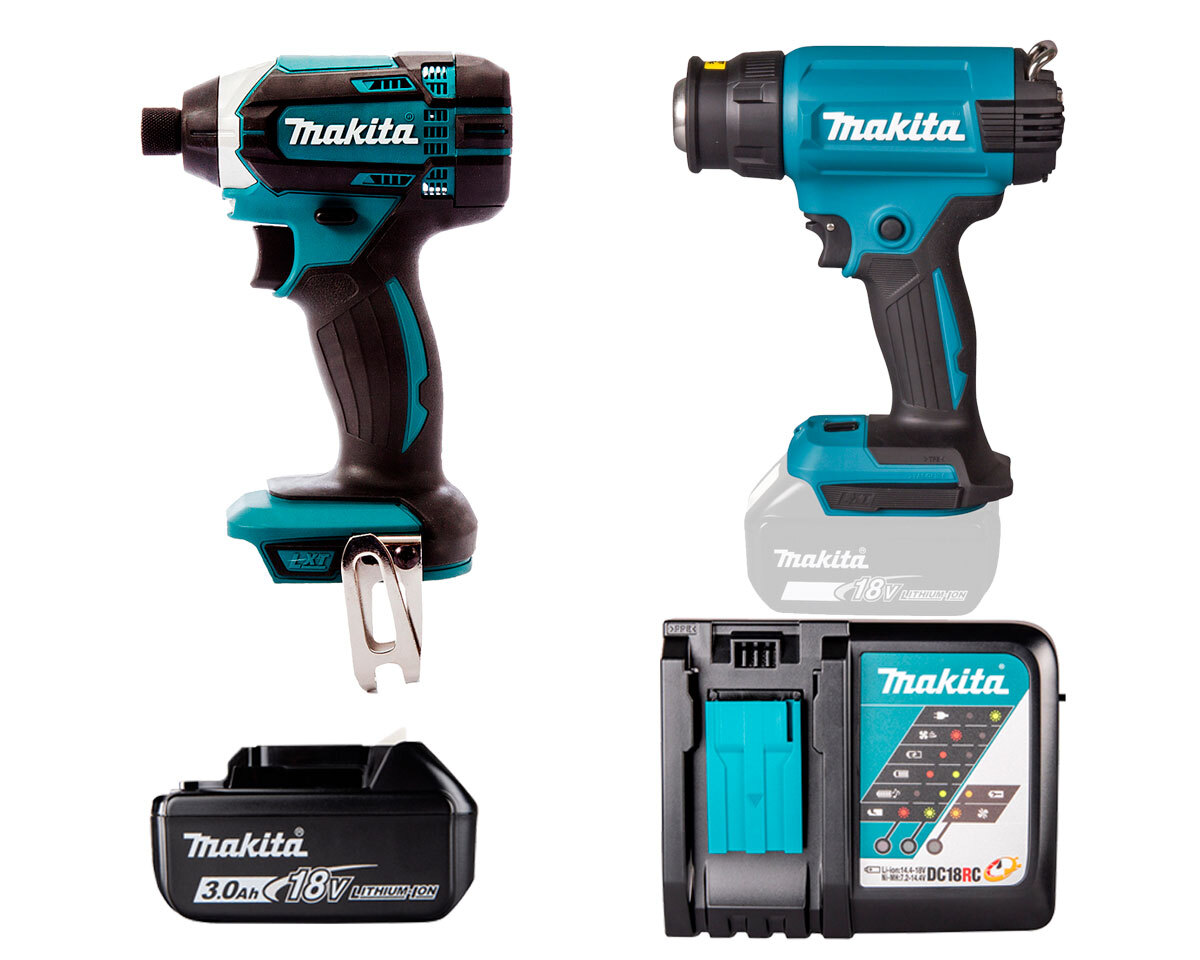 Аккумуляторный фен и винтовёрт с энергокомплектом Makita DHG181ZK-DTD152Z-191A25-2